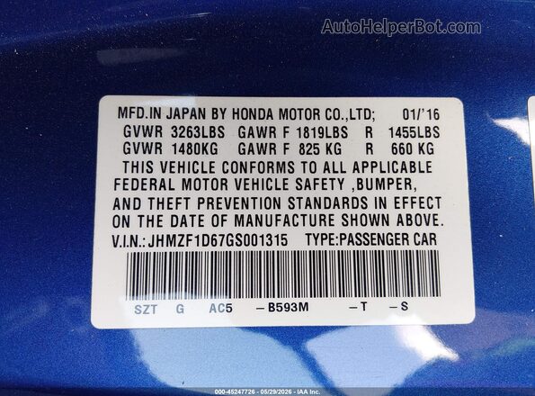 JHMZF1D67GS001315 2016 HONDA CR-Z Blue 