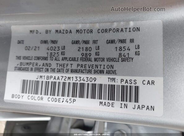 JM1BPAA72M1334309 2021 MAZDA 3 Silver Շարժիչի բաժամունքի տեսք