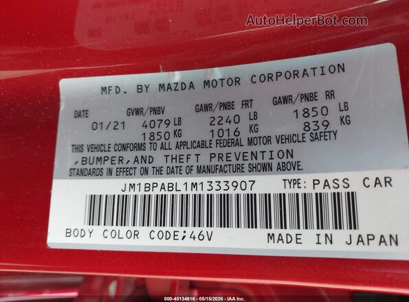 JM1BPABL1M1333907 2021 MAZDA 3 Red 