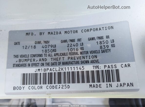 JM1BPACL2K1111145 2019 MAZDA 3 White Vista del compartimento del motor