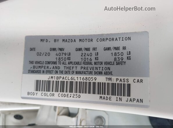 JM1BPACL6L1168059 2020 MAZDA 3 White Вид підкапотного простору