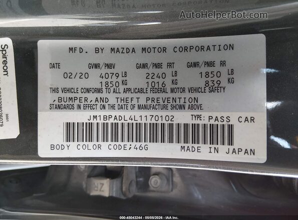 JM1BPADL4L1170102 2020 MAZDA 3 Gray Vista del compartimento del motor