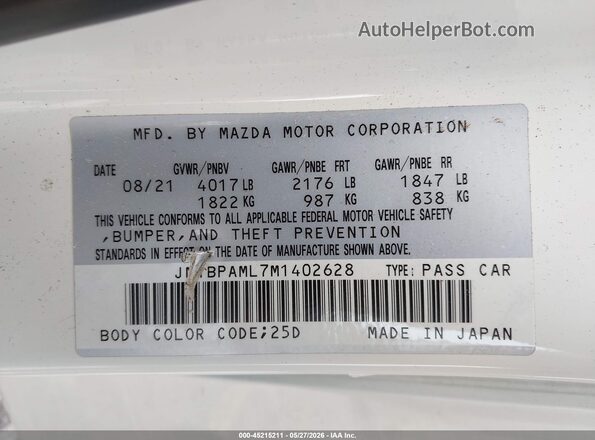 JM1BPAML7M1402628 2021 MAZDA 3 White Widok komory silnika