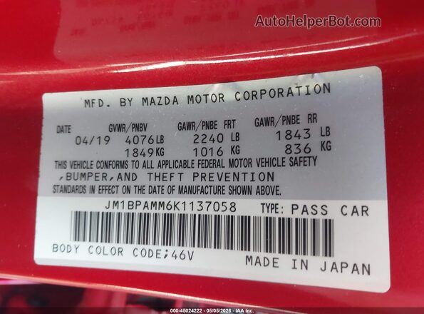 JM1BPAMM6K1137058 2019 MAZDA 3 Red ძრავის განყოფილების ხედი