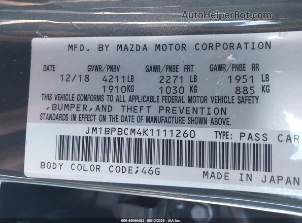 JM1BPBCM4K1111260 2019 MAZDA 3 Gray 