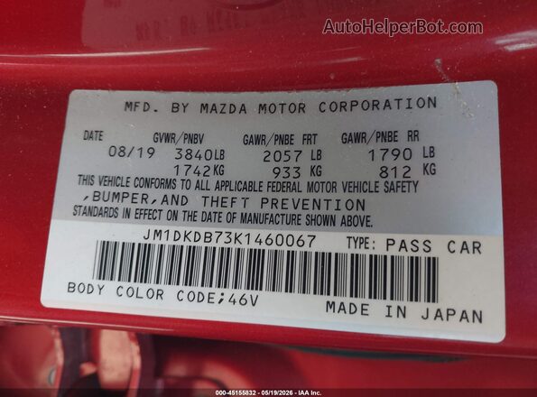 JM1DKDB73K1460067 2019 MAZDA CX-3 Red ძრავის განყოფილების ხედი