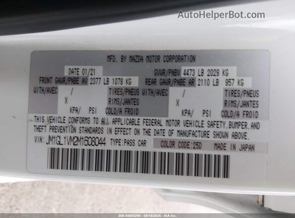 JM1GL1VM2M1608044 2021 MAZDA 6 White Vista del compartimento del motor