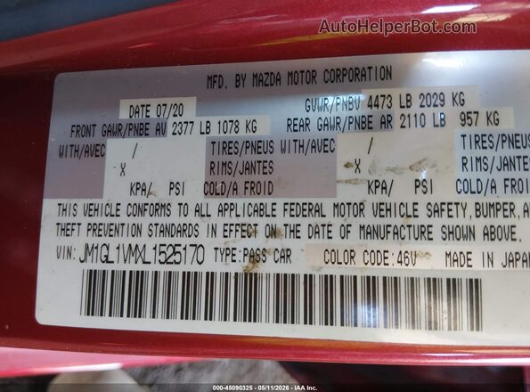 JM1GL1VMXL1525170 2020 MAZDA 6 Red Вид підкапотного простору