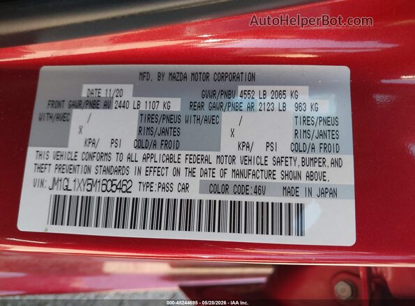 JM1GL1XY5M1605462 2021 MAZDA 6 Red Widok komory silnika