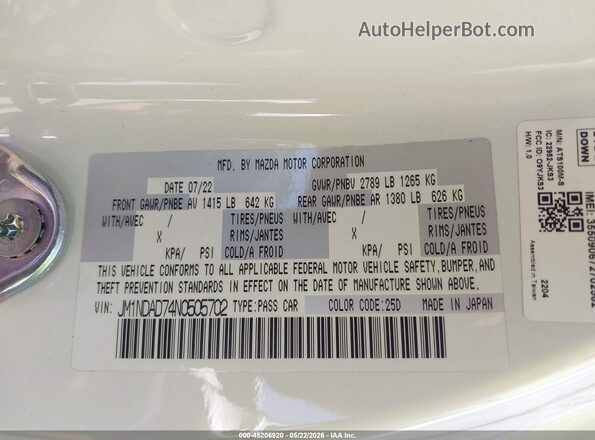 JM1NDAD74N0505702 2022 MAZDA MX-5 MIATA Белый Вид подкапотного пространства