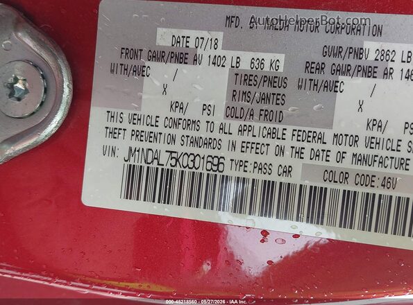 JM1NDAL75K0301696 2019 MAZDA MX-5 MIATA RF Red ძრავის განყოფილების ხედი