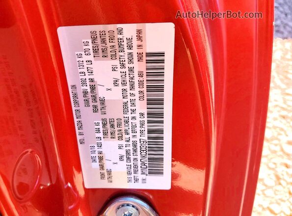 JM1NDAM7XK0303197 2019 MAZDA MX-5 Red VIN კოდის სტიკერის ხედი