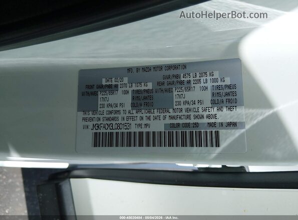 JM3KFACM3L0801531 2020 MAZDA CX-5 White ძრავის განყოფილების ხედი