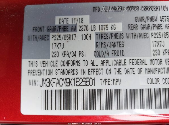 JM3KFACM9K1526501 2019 MAZDA CX-5 Red 