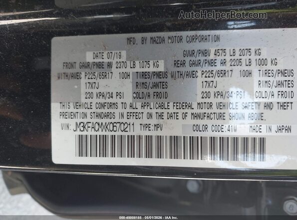 JM3KFACMXK0670211 2019 MAZDA CX-5 Black 