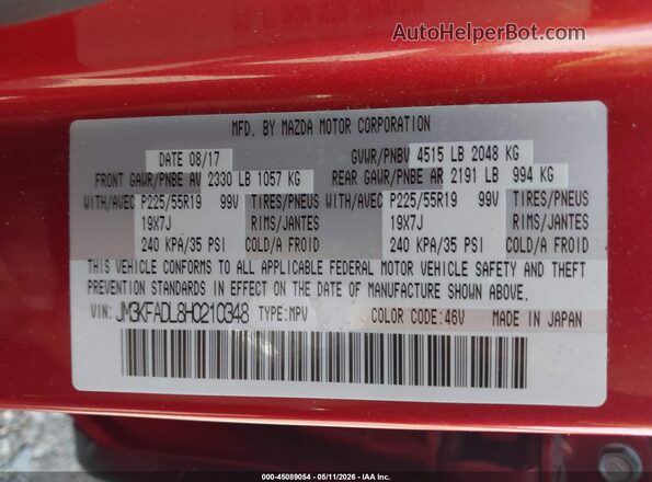 JM3KFADL8H0210348 2017 MAZDA CX-5 Red Շարժիչի բաժամունքի տեսք