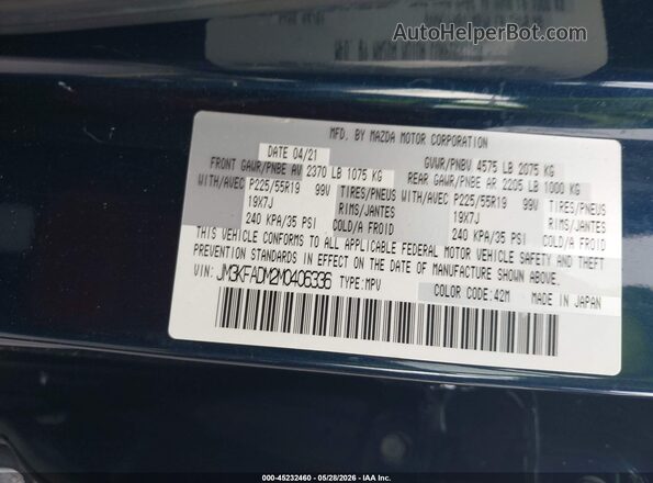 JM3KFADM2M0406336 2021 MAZDA CX-5 Blue Engine compartment view
