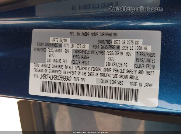 JM3KFADM3K0689942 2019 MAZDA CX-5 Blue 