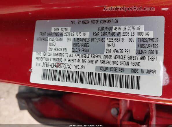 JM3KFADM4L0773740 2020 MAZDA CX-5 Red Շարժիչի բաժամունքի տեսք