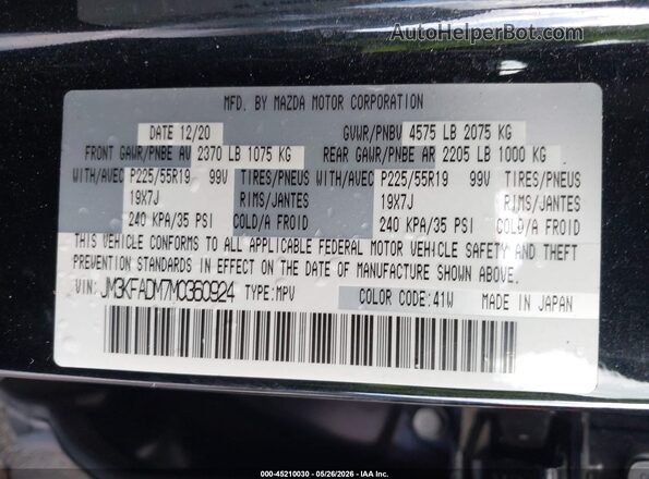 JM3KFADM7M0360924 2021 MAZDA CX-5 Black Շարժիչի բաժամունքի տեսք