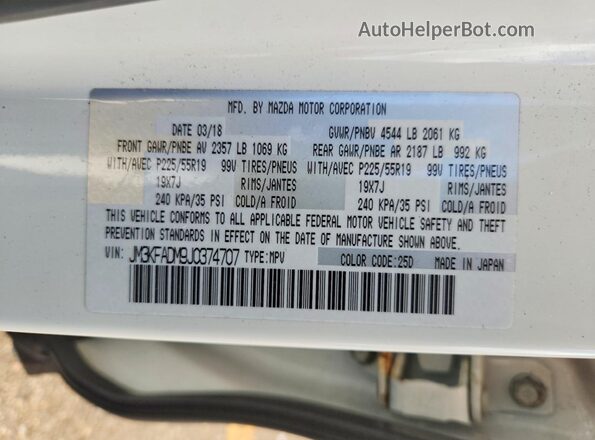 JM3KFADM9J0374707 2018 MAZDA CX-5 White Vista de la etiqueta del VIN