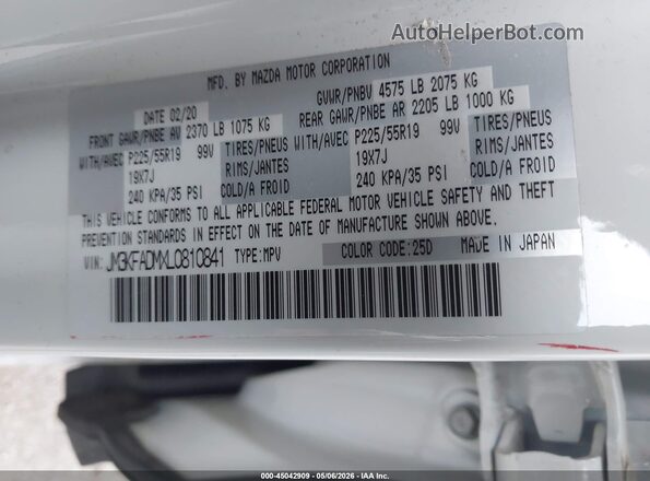 JM3KFADMXL0810841 2020 MAZDA CX-5 White 