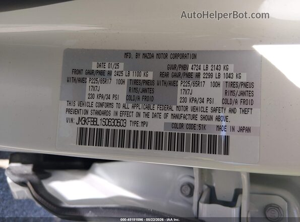 JM3KFBBL1S0630503 2025 MAZDA CX-5 White ძრავის განყოფილების ხედი