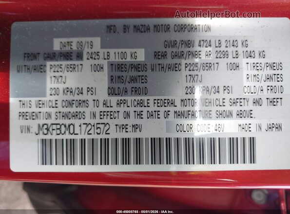 JM3KFBCM0L1721572 2020 MAZDA CX-5 Red Շարժիչի բաժամունքի տեսք