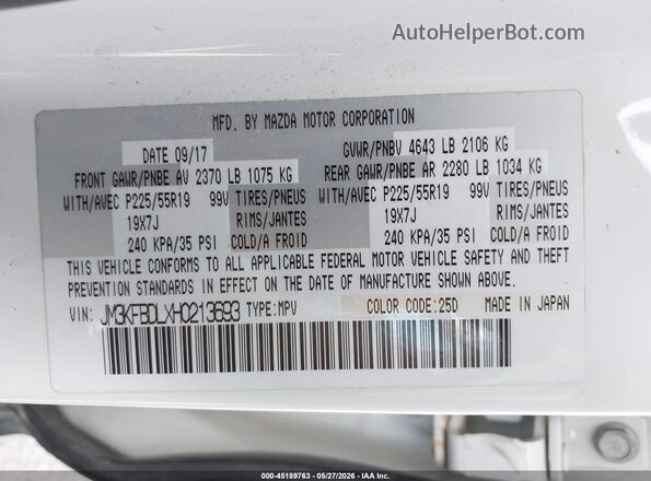 JM3KFBDLXH0213693 2017 MAZDA CX-5 White ძრავის განყოფილების ხედი