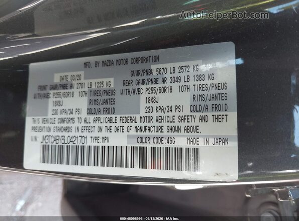 JM3TCABY6L0421701 2020 MAZDA CX-9 Gray Widok komory silnika