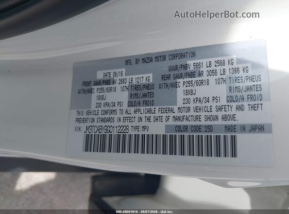 JM3TCABY9G0112228 2016 MAZDA CX-9 White Vista del compartimento del motor