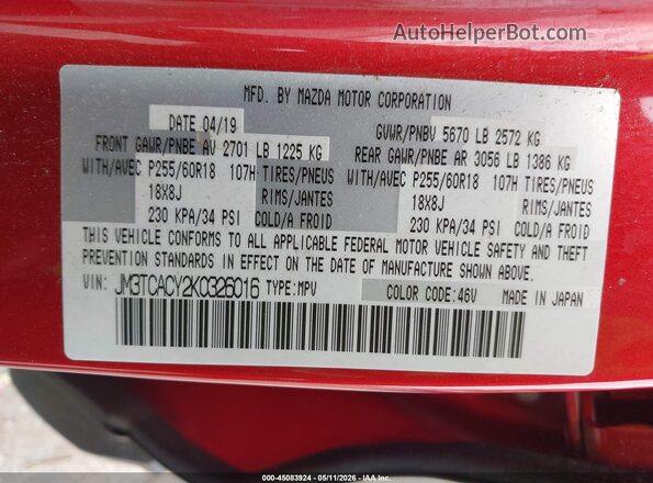 JM3TCACY2K0326016 2019 MAZDA CX-9 Red ძრავის განყოფილების ხედი