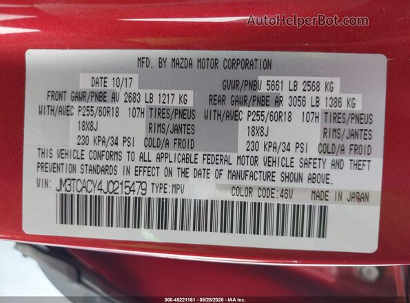 JM3TCACY4J0215479 2018 MAZDA CX-9 Red Widok komory silnika