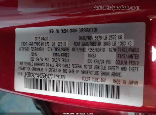 JM3TCACY4M0526477 2021 MAZDA CX-9 Maroon Widok komory silnika