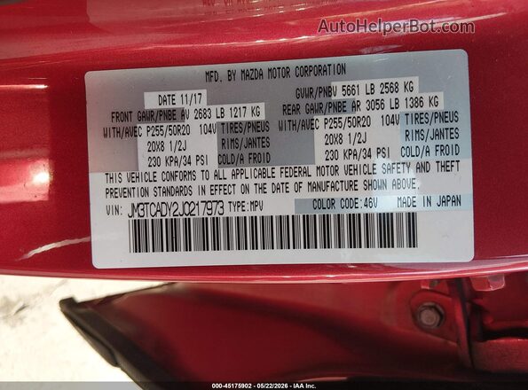 JM3TCADY2J0217973 2018 MAZDA CX-9 Red Widok komory silnika