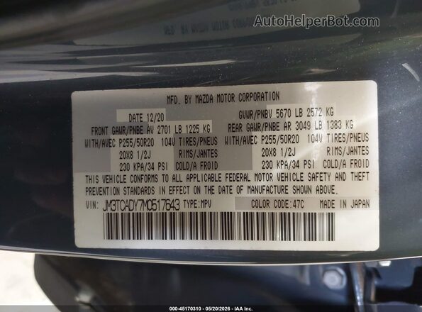 JM3TCADY7M0517643 2021 MAZDA CX-9 Gray Widok komory silnika