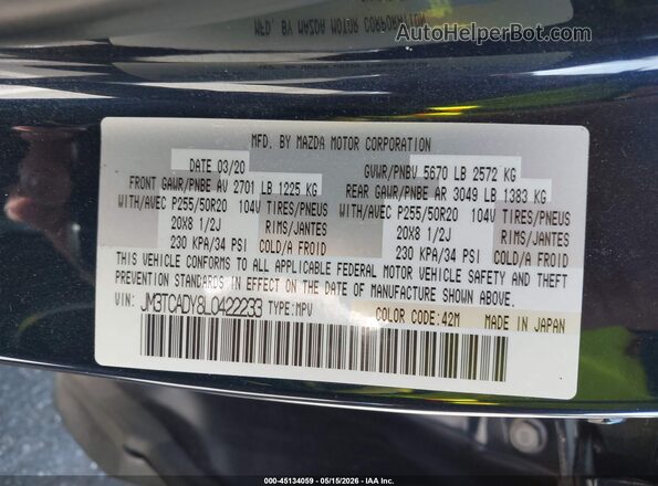 JM3TCADY8L0422233 2020 MAZDA CX-9 Dark Blue Engine compartment view
