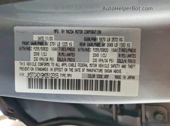 JM3TCADY9M0512315 2021 MAZDA CX-9 Silver 