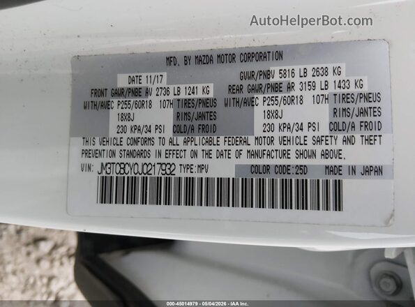JM3TCBCY0J0217932 2018 MAZDA CX-9 White Вид підкапотного простору