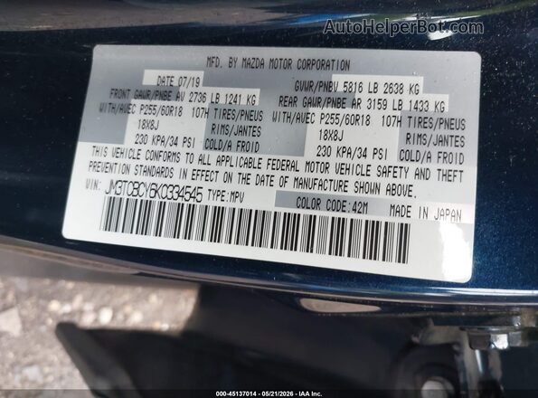 JM3TCBCY6K0334545 2019 MAZDA CX-9 Blue ძრავის განყოფილების ხედი
