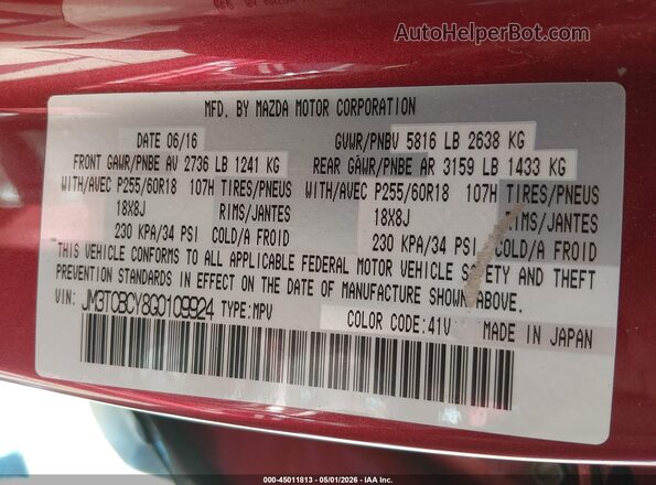 JM3TCBCY8G0109924 2016 MAZDA CX-9 Красный Вид подкапотного пространства
