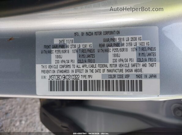 JM3TCBCY9K0310322 2019 MAZDA CX-9 Silver Vista del compartimento del motor
