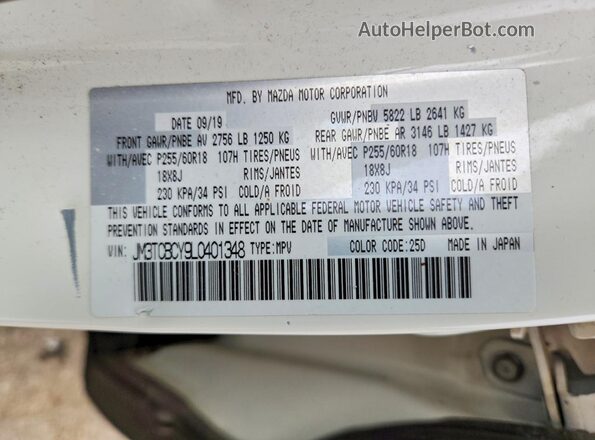 JM3TCBCY9L0401348 2020 MAZDA CX-9 White Widok naklejki z numerem VIN