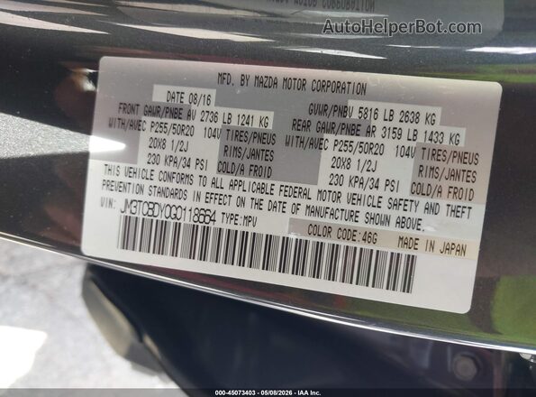 JM3TCBDY0G0118664 2016 MAZDA CX-9 Gray ძრავის განყოფილების ხედი