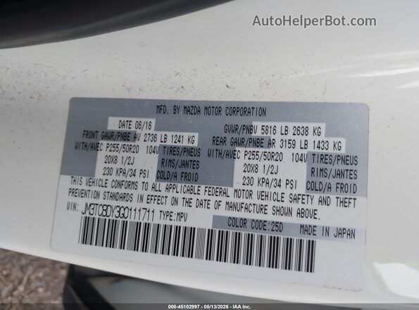 JM3TCBDY3G0111711 2016 MAZDA CX-9 White Engine compartment view