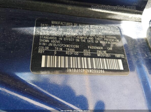 JN1BJ1CP2KW233286 2019 NISSAN ROGUE Blue Շարժիչի բաժամունքի տեսք
