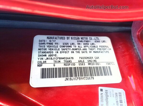 JN1BJ1CP8HW024479 2017 NISSAN ROGUE Red Вид наклейки з VIN-кодом