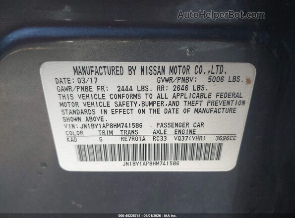 JN1BY1AP8HM741586 2017 INFINITI Q70 Gray Vista del compartimento del motor
