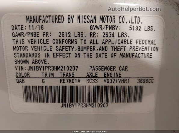 JN1BY1PR3HM210207 2017 INFINITI Q70L White Engine compartment view