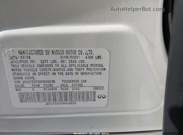 JN1CV7APXHM640078 2017 INFINITI Q50 White Вид підкапотного простору